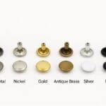 Double cap rivets in 9x6mm posts shown in Gunmetal, Nickel, Gold, Antique Brass, Silver, White, and Black finish