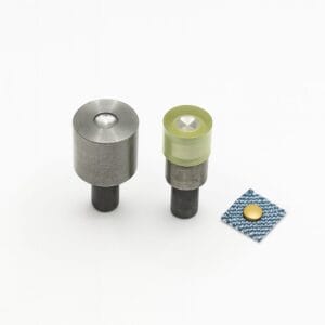 Rivet Tooling Set R002 with sample rivet r0025.5 on denim – for hand press and kick press machines – shown on white background.