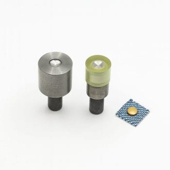 Rivet Tooling Set R002 with sample rivet r0025.5 on denim – for hand press and kick press machines – shown on white background.