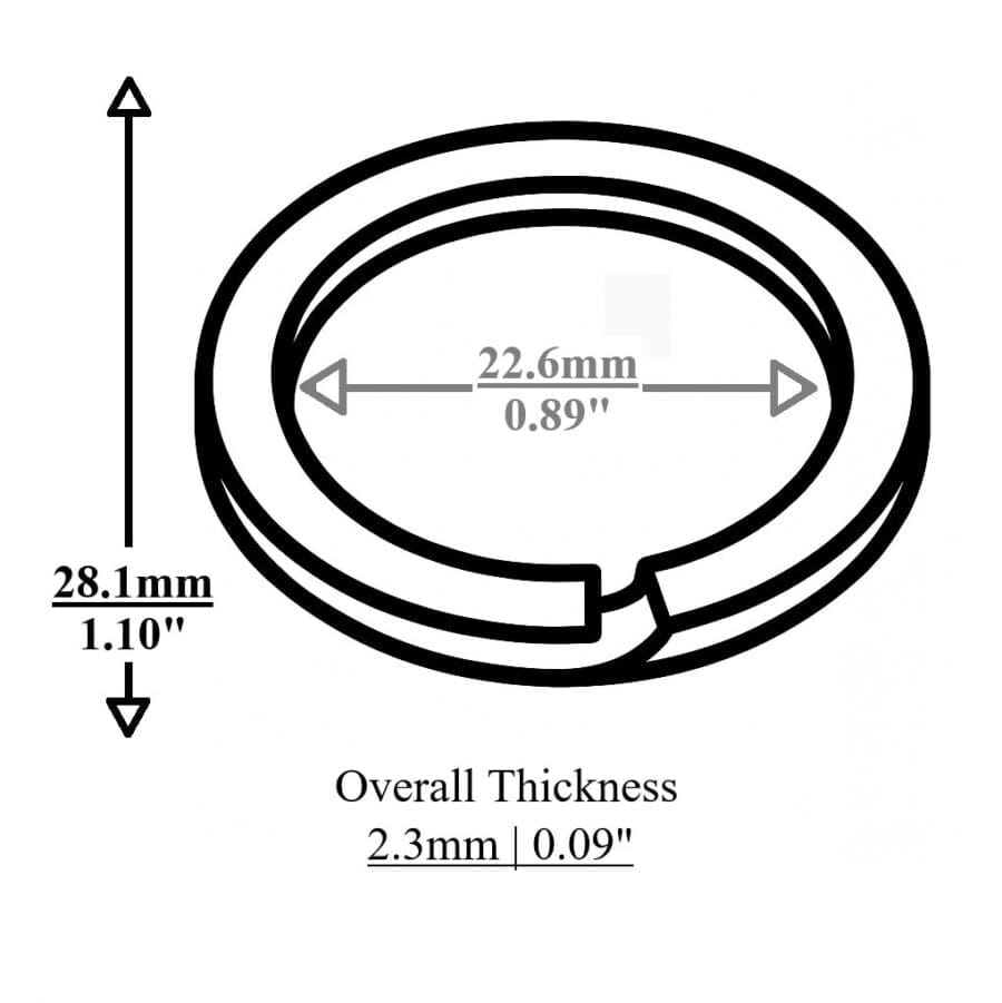Technical diagram of an antique brass split key ring with measurements.-Avetco