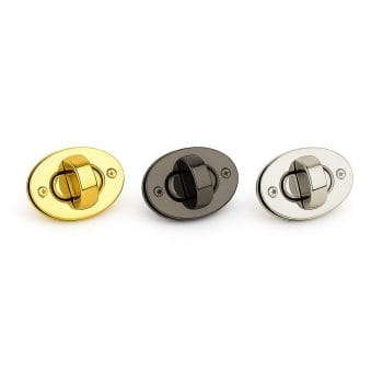 Y1094 oval twist lock closures in gold, gunmetal, and nickel finishes, displayed side-by-side, Avetco.