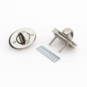 Nickel oval twist lock closure for handbags with front and back view including prong plate, model Y1094, Avetco.