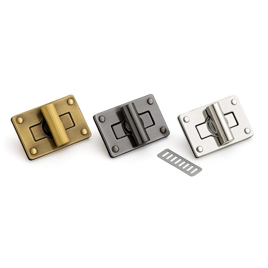 Three color variations of rectangular twist handbag lock closure in brushed antique brass, brushed gunmetal, and nickel – Avetco.