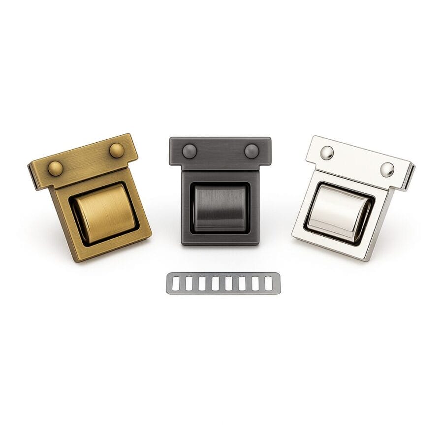 Three color variations of Y1699 twist lock closures – brushed antique brass, brushed gunmetal, and nickel – Avetco