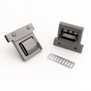 Brushed gunmetal Y1699 twist handbag lock closure with prong and attachment plate, Avetco