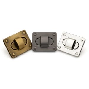 Y1702 rectangular twist lock closures in three finishes – brushed antique brass, brushed gunmetal, and nickel – durable handbag hardware by Avetco.