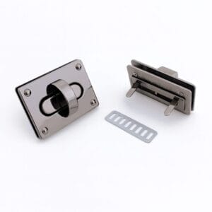Y1764 Rectangular Twist Lock Closure in sleek gunmetal finish, shown front and back with prong plate, durable zinc alloy design – Avetco