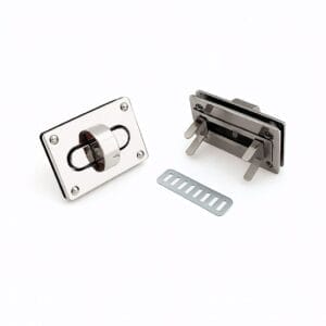 Nickel rectangular twist handbag lock closure with front and back views, including a silver backing plate – Avetco