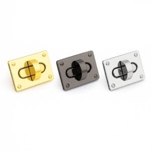 Three rectangular twist handbag lock closures in gold, gunmetal, and nickel finishes – Avetco