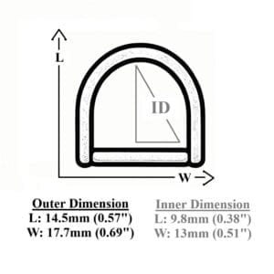 AVETCO technical diagram of a 13mm D-ring with outer dimensions 14.5mm by 17.7mm and inner 9.8mm by 13mm.