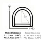 AVETCO illustration of a 20mm D-ring showing outer 22mm by 26.8mm and inner 16.3mm by 20mm dimensions.
