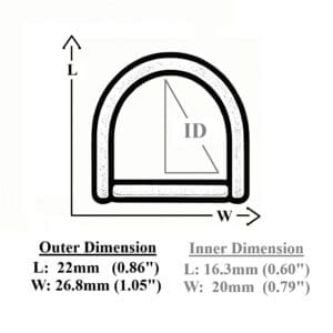 AVETCO illustration of a 20mm D-ring showing outer 22mm by 26.8mm and inner 16.3mm by 20mm dimensions.