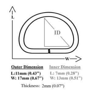AVETCO diagram of a D-ring with 11mm length and 17mm width outer dimensions, and 7mm by 13mm inner dimensions.