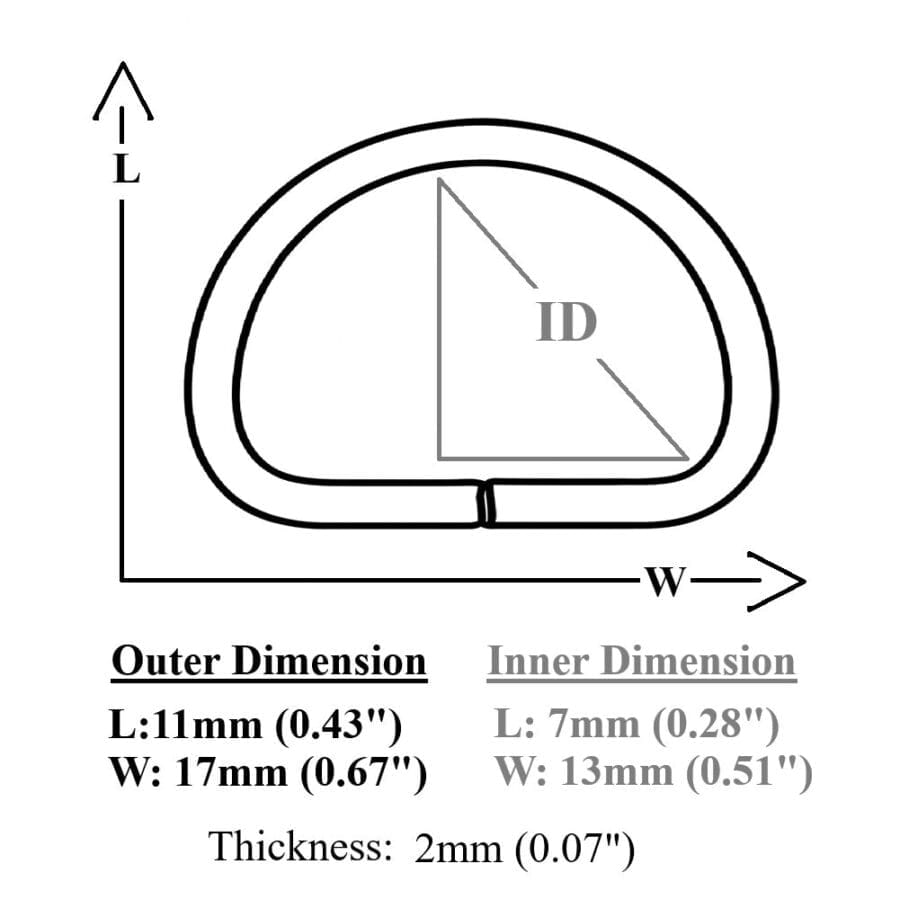 13mm black D-ring AVETCO diagram of a D-ring with 11mm length and 17mm width outer dimensions, and 7mm by 13mm inner dimensions.