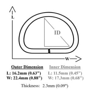 AVETCO technical diagram of a 16.2mm by 22.4mm D-ring, showing labeled dimensions and 2.3mm thickness.