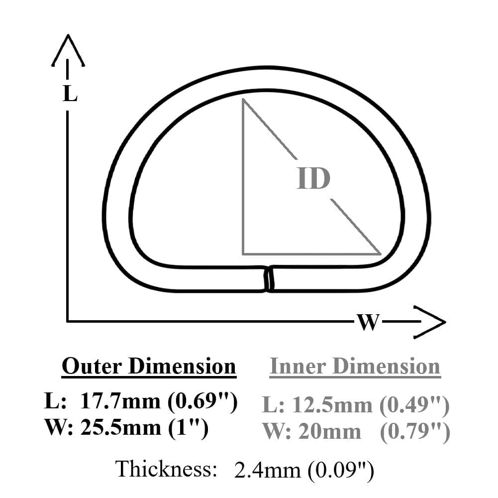 Y7460-20mm Illustrated Diagram-Avetco AVETCO product diagram showing a 17.7mm by 25.5mm D-ring with labeled internal and external dimensions.