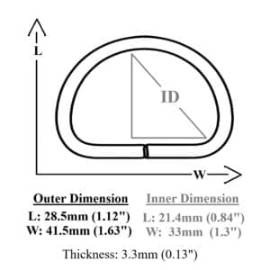Diagram of a D-ring with outer dimensions 28.5mm (L) × 41.5mm (W), inner dimensions 21.4mm (L) × 33mm (W), and thickness 3.3mm.-Avetco