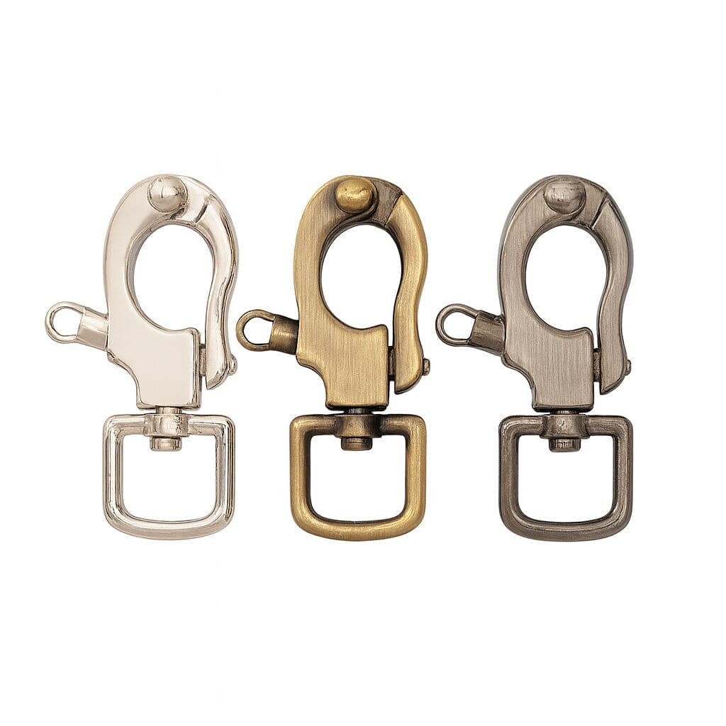 h13001-swivel-snap-hook-all-finishes-avetco H13001 Swivel Snap Hook in Nickel, Brushed Gunmetal, and Brushed Antique Brass finishes by Avetco, nickel-free and lead-free, 70mm height with swivel rectangular ring, sold in 10pcs pack