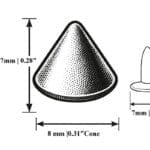8 mm cone head rivet illustrating the 8 mm cone height, 7 mm cap diameter and 5 mm post length.