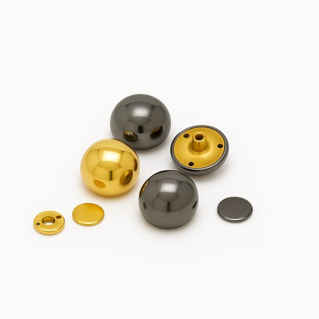 HPR588 gold gunmetal 22.5-28.5-17.5mm Gold and gunmetal dome rivets displayed side by side on a white background, showcasing color variation and reflective metallic finishes.
