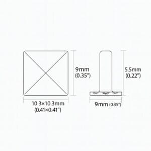 technical illustration of a pyramid stud showing face size 10.3×10.3 mm (0.41×0.41″), post base 9 mm diameter, and height 5.5 mm.