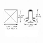 Pyramid Rivets- Technical line drawing of pyramid stud with dimensions 13.7×13.7 mm (0.54×0.54″), post diameter 9 mm, and post height 5.5 mm.