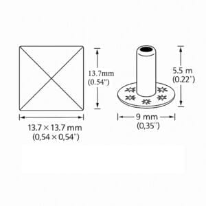 Pyramid Rivets- Technical line drawing of pyramid stud with dimensions 13.7×13.7 mm (0.54×0.54″), post diameter 9 mm, and post height 5.5 mm.