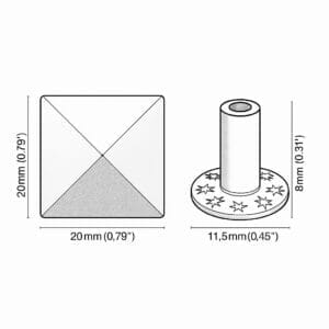 technical drawing showing pyramid stud 20×20 mm face size (0.79×0.79″), 11.5 mm base diameter, and 8 mm post height.