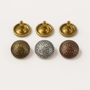 R598 11.5mm decorative dome rivets in Antique Brass, Black Tin, and Antique Copper finishes.