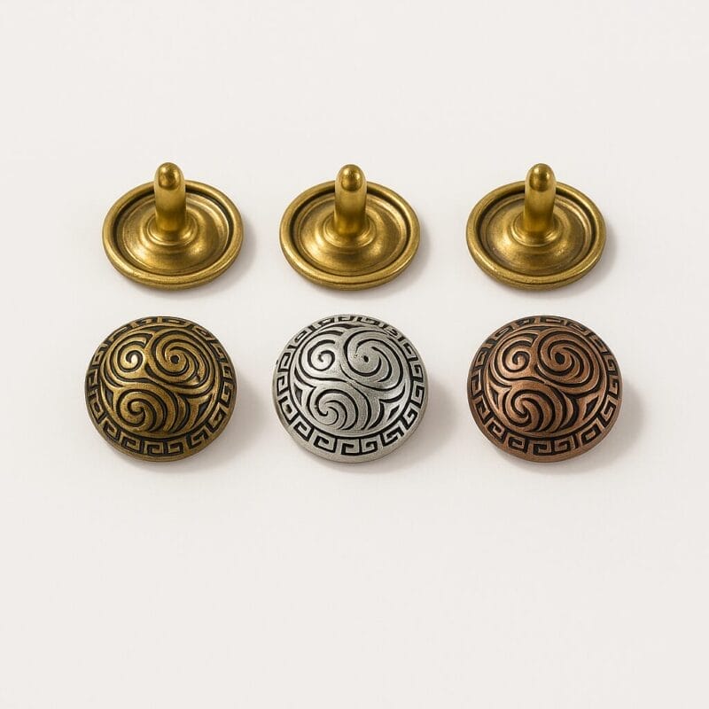 R598 11.5mm decorative dome rivets in Antique Brass, Black Tin, and Antique Copper finishes.