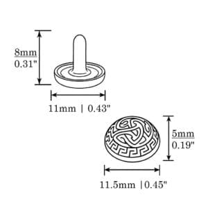 Technical diagram of R598 11.5mm decorative dome rivets showing 11mm base, 8mm post, and 5mm dome height