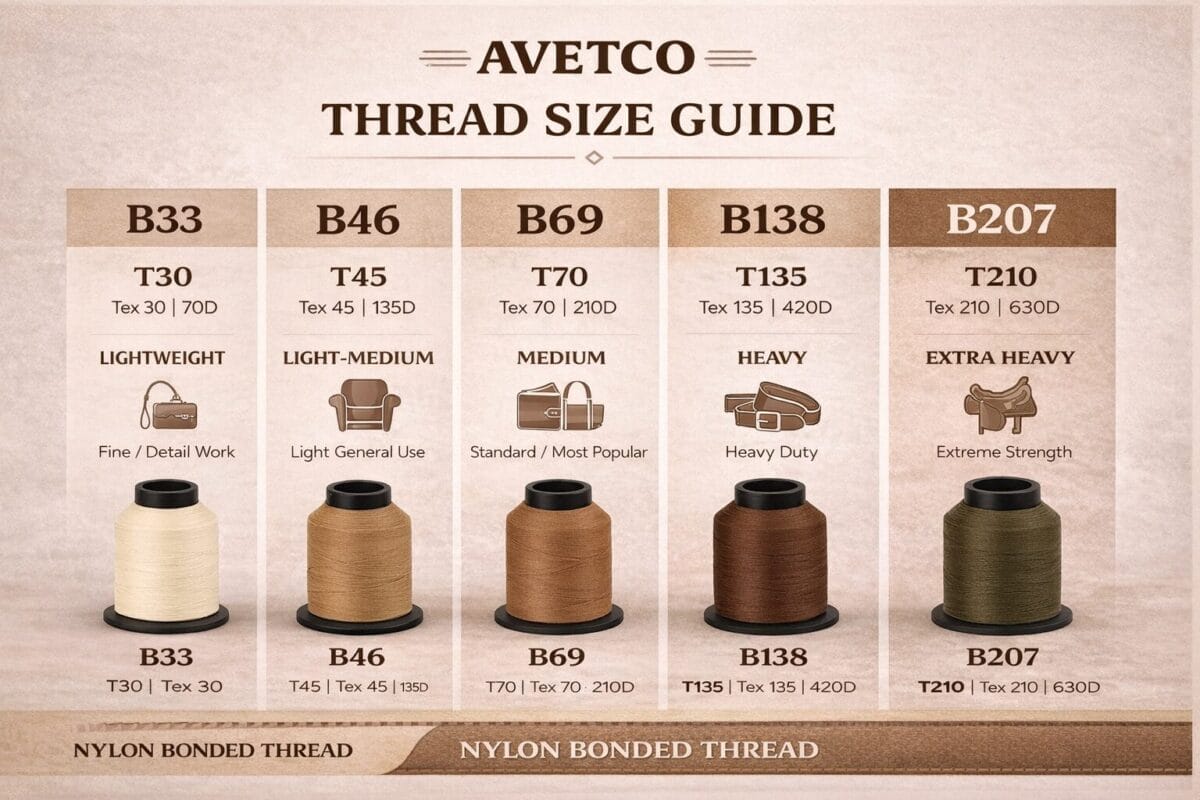 Avetco thread size guide showing five nylon bonded thread types (B33, B46, B69, B138, B207) from lightweight to extra heavy with corresponding Tex sizes and typical uses.