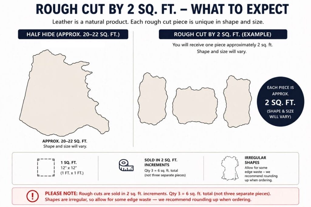 Infographic about leather rough cuts: left shows a large irregular hide ~20–22 sq ft; right shows three smaller pieces ~2 sq ft each; bottom legend explains 1 sq ft box, 2 sq ft increments, and irregular shapes.
